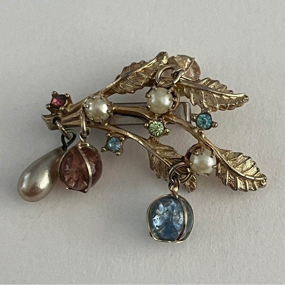 Vintage Gold Tone Branch Brooch Faux Pearls Blue Pink Rhinestones